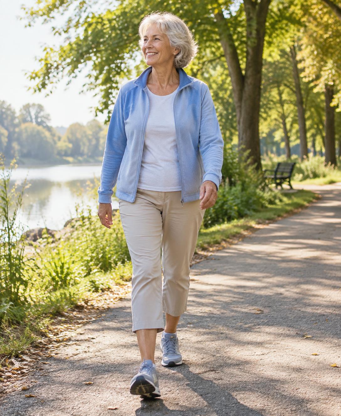 Active older woman walking confidently along a lakeside path